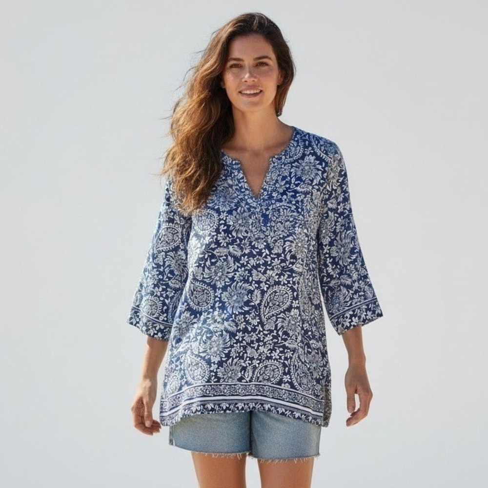 Sigrid Olsen Linen Tunic Top Blue White Paisley Floral 3/4 Sleeve XL Boho